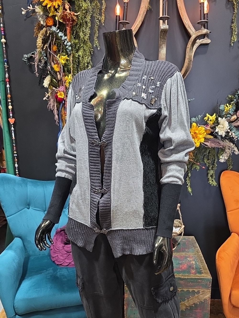 BKE Gray and Black Mixed-Knit Cardigan